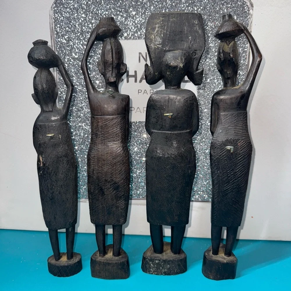 4pcs Wood African Vintage With Hand Carved Tribal Statue - Picture 2 of 14
